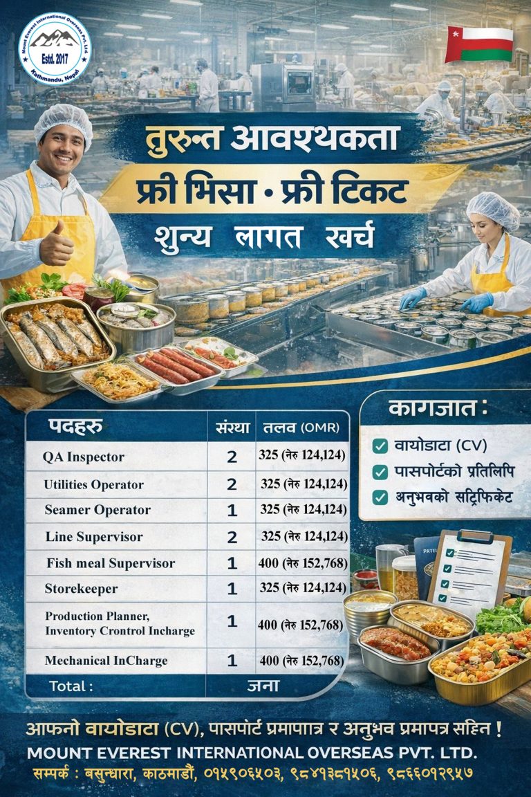 Free Visa Free Ticket manpower job Demand Oman